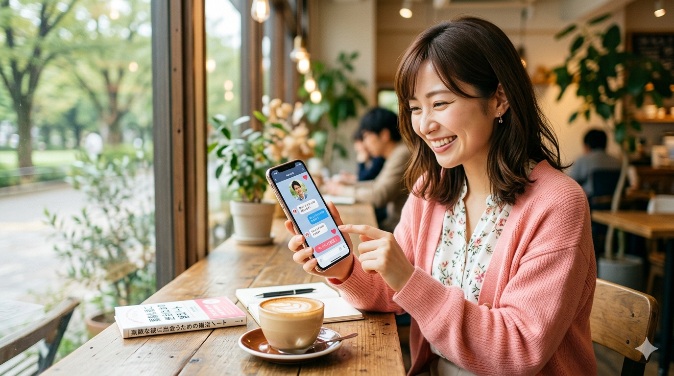 スマホを見ながら笑顔で婚活アプリを操作する女性