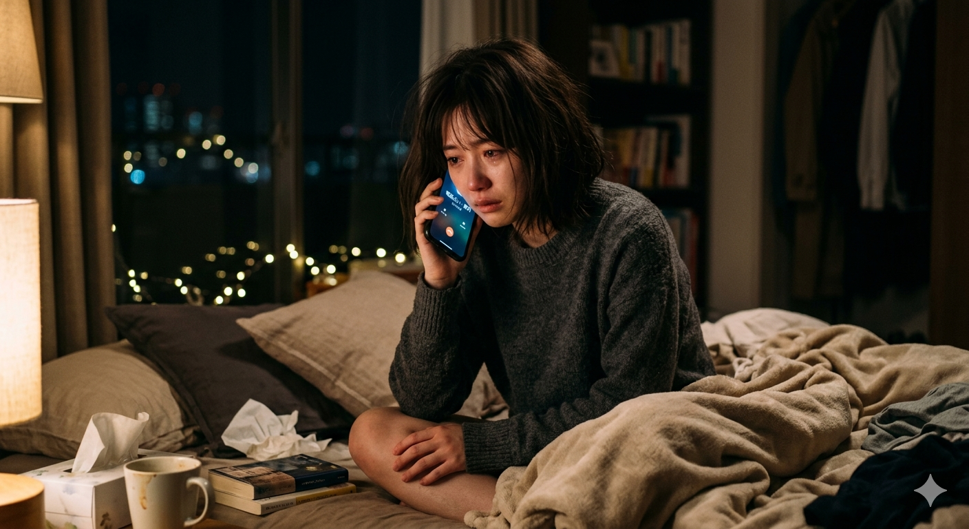 失恋で悩む女性がスマホで電話占いに相談しているイメージ